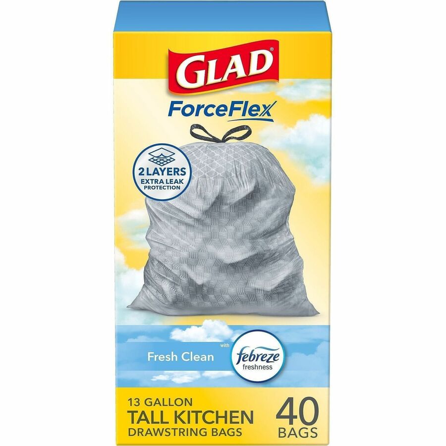 Glad ForceFlex Tall Kitchen Drawstring Trash Bags, 13 gal Capacity, 1.05 mil, 40/Box (CLO78361BX)