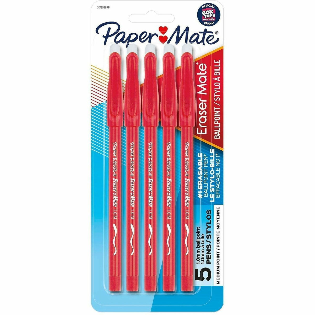 Paper Mate Erasermate, Red Ink, Medium Pen Point, Erasable, 5 (PAP3173558PP)