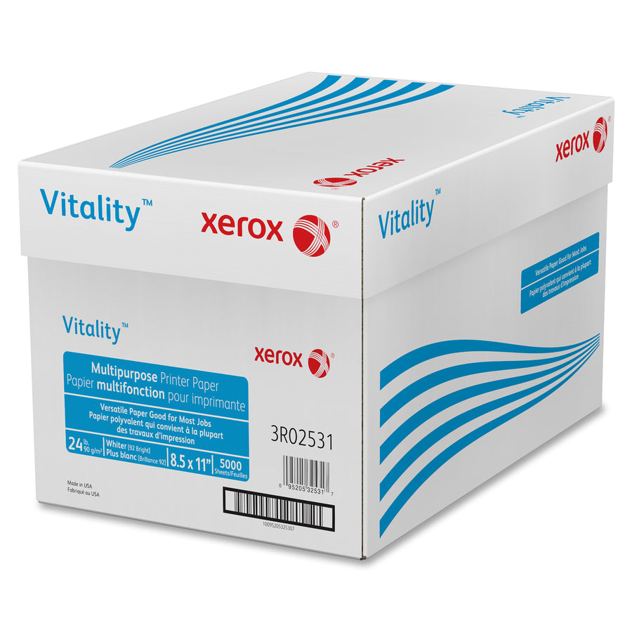 Xerox Vitality Multipurpose Printer Paper, White, 92 Brightness, Letter, 8 1/2" x 11", 24 lb Basis Weight, 5000/Carton (XER3R02531)