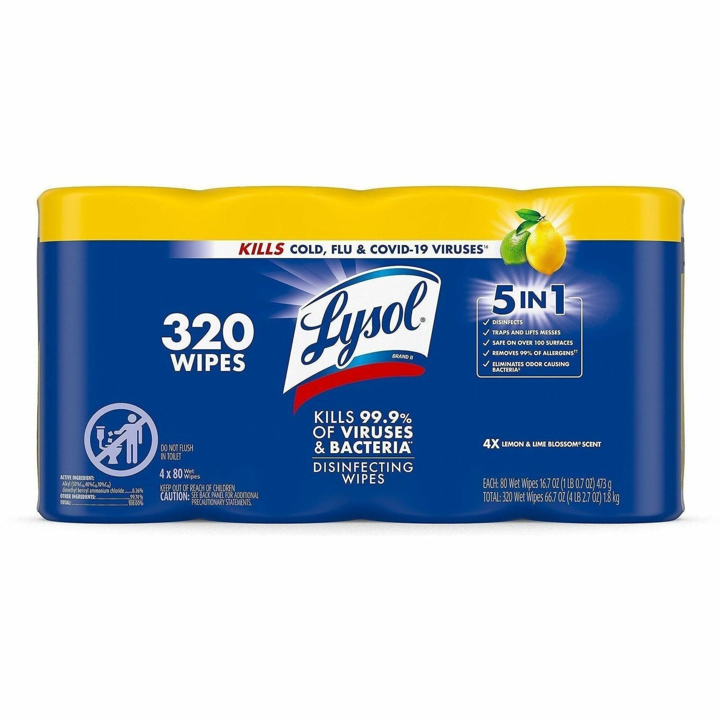Lysol 4-pack Disinfecting Wipes, Lemon Lime Scent, 80/Tub, 4/Pack (RAC90641)