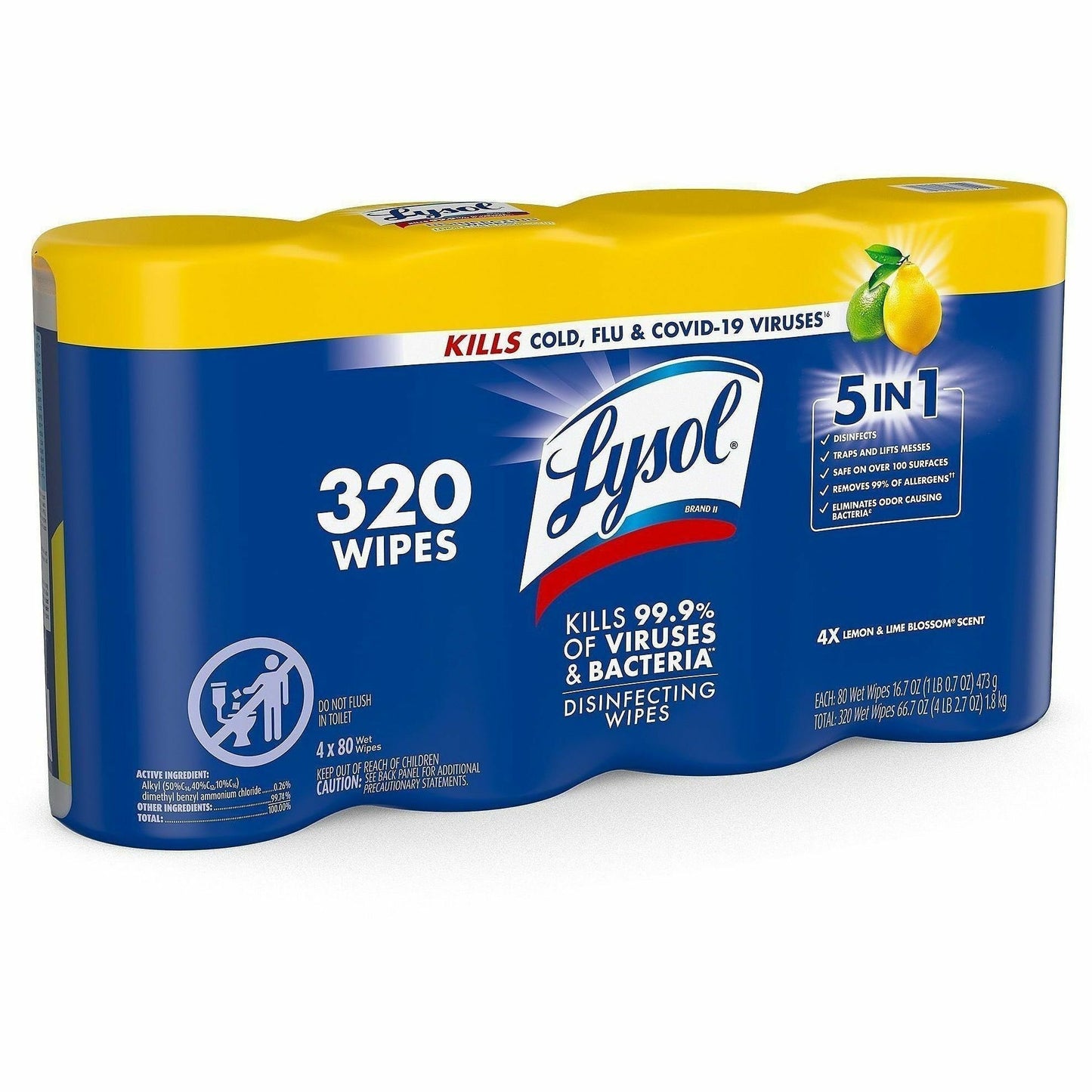 Lysol 4-pack Disinfecting Wipes, Lemon Lime Scent, 80/Tub, 4/Pack (RAC90641)