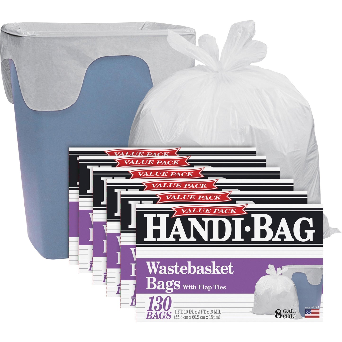 Berry Handi-Bag Wastebasket Bags, 8 gal Capacity, 24" x 21.50" x 0.60 mil Thickness, 130/Box, 6/Carton (WBIHAB6FW130CT)