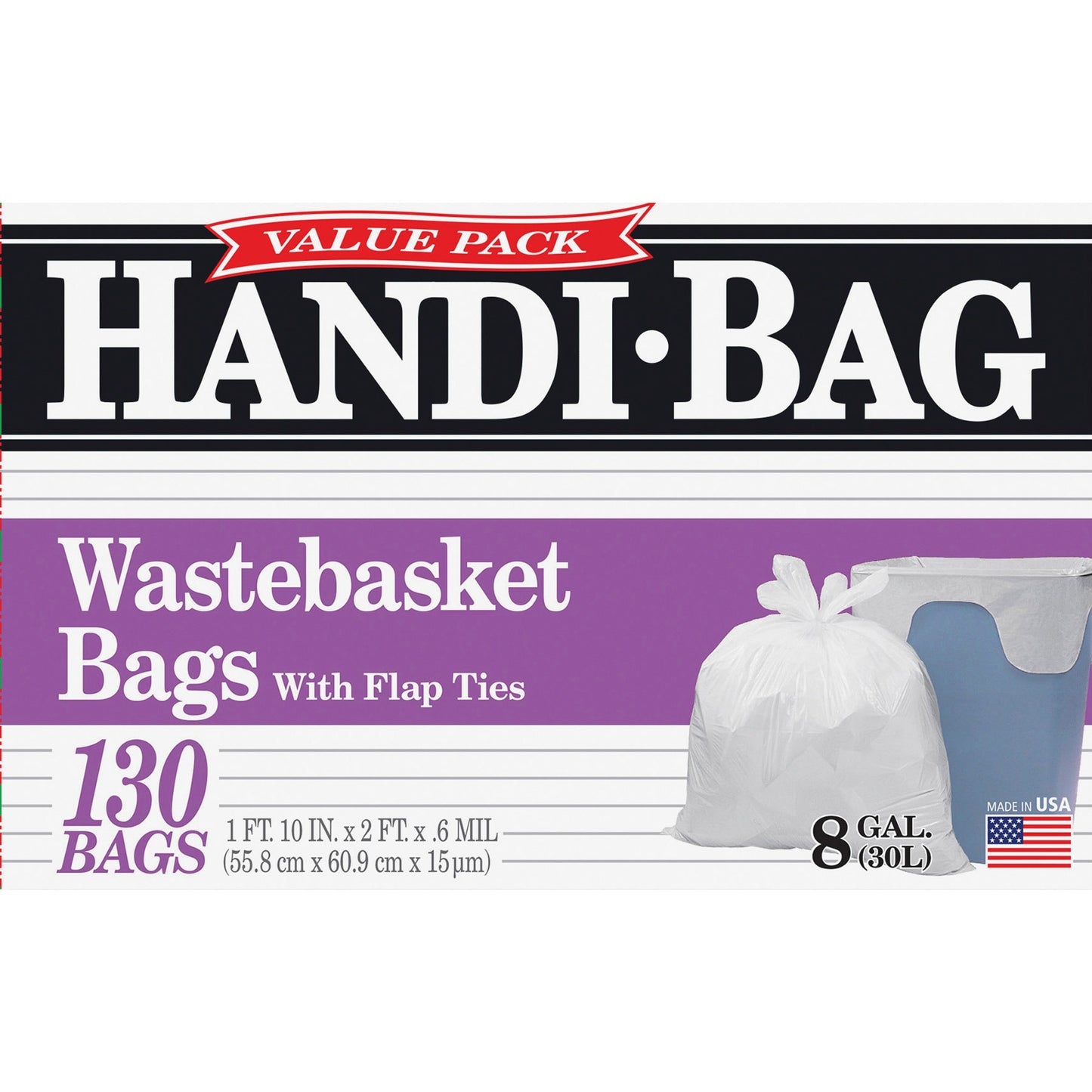 Berry Handi-Bag Wastebasket Bags, 8 gal Capacity, 24" x 21.50" x 0.60 mil Thickness, 130/Box, 6/Carton (WBIHAB6FW130CT)