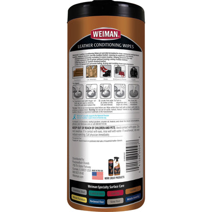 Weiman Products Leather Wipes, 8" x 7", 30/Tub  (WMN91)