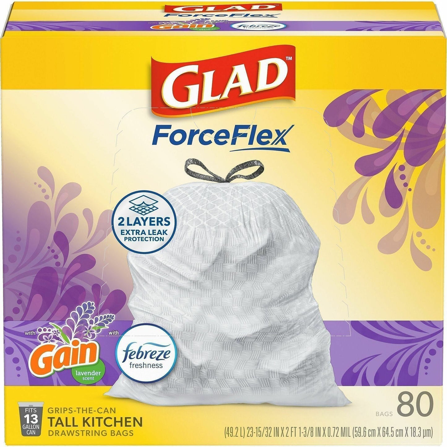 Glad ForceFlex Tall Kitchen Drawstring Trash Bags, Gain Lavender with Febreze Freshness, 13 gal Capacity, 0.78 mil, 80/Box (CLO78902BX)