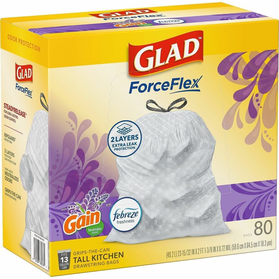 Glad ForceFlex Tall Kitchen Drawstring Trash Bags, Gain Lavender with Febreze Freshness, 13 gal Capacity, 0.78 mil, 80/Box (CLO78902BX)
