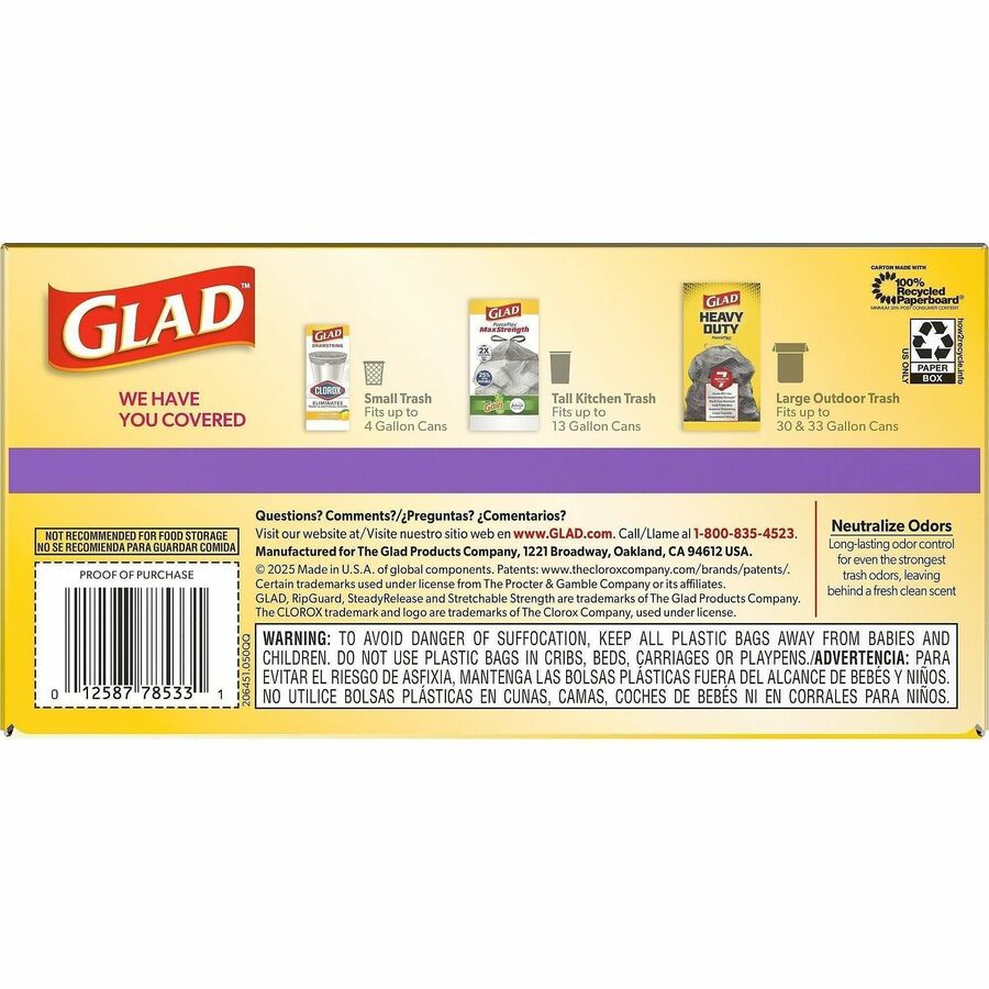 Glad ForceFlex Tall Kitchen Drawstring Trash Bags, Gain Lavender with Febreze Freshness, 13 gal Capacity, 0.78 mil, 80/Box (CLO78902BX)