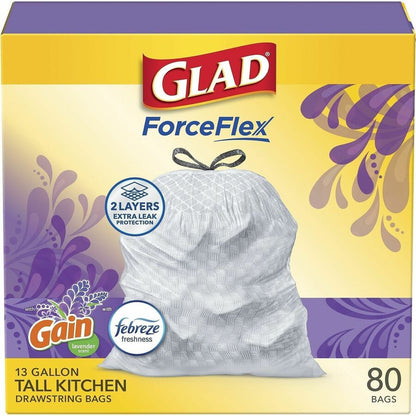 Glad ForceFlex Tall Kitchen Drawstring Trash Bags, Gain Lavender with Febreze Freshness, 13 gal Capacity, 0.78 mil, 80/Box (CLO78902BX)
