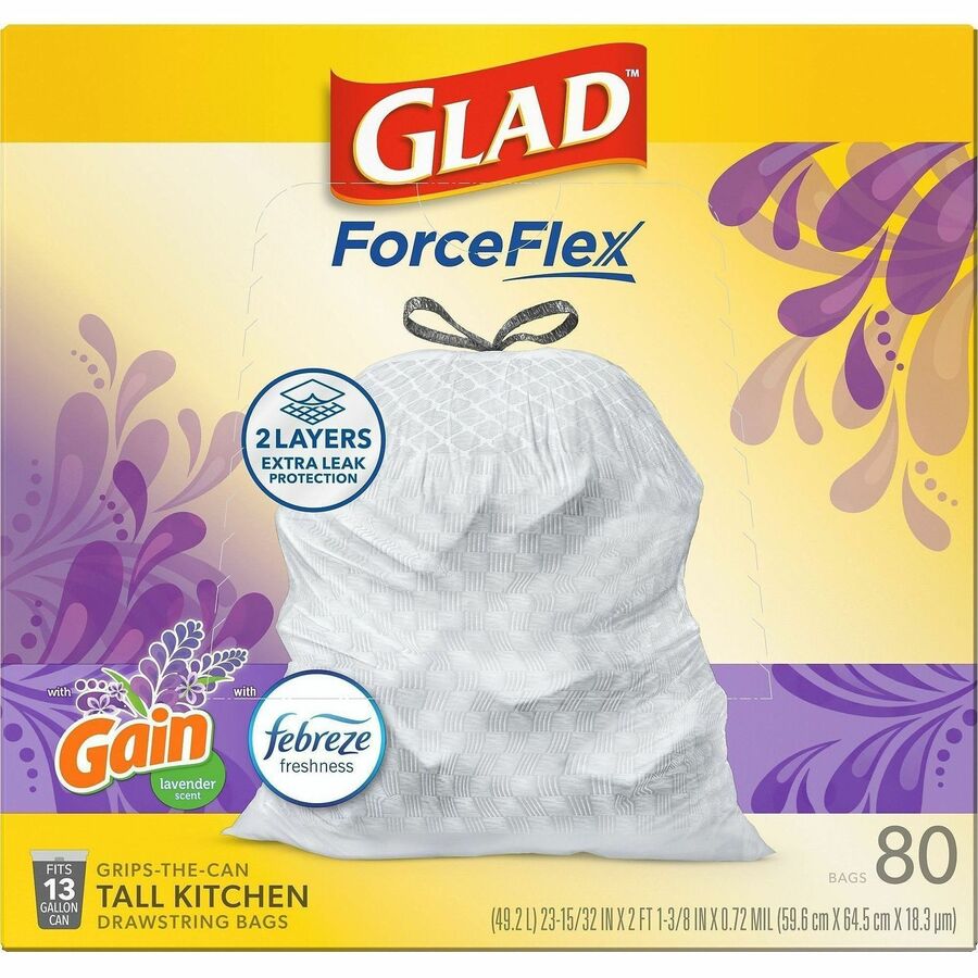 Glad ForceFlex Tall Kitchen Drawstring Trash Bags, Gain Lavender with Febreze Freshness, 13 gal Capacity, 0.78 mil, 80/Box (CLO78902BX)