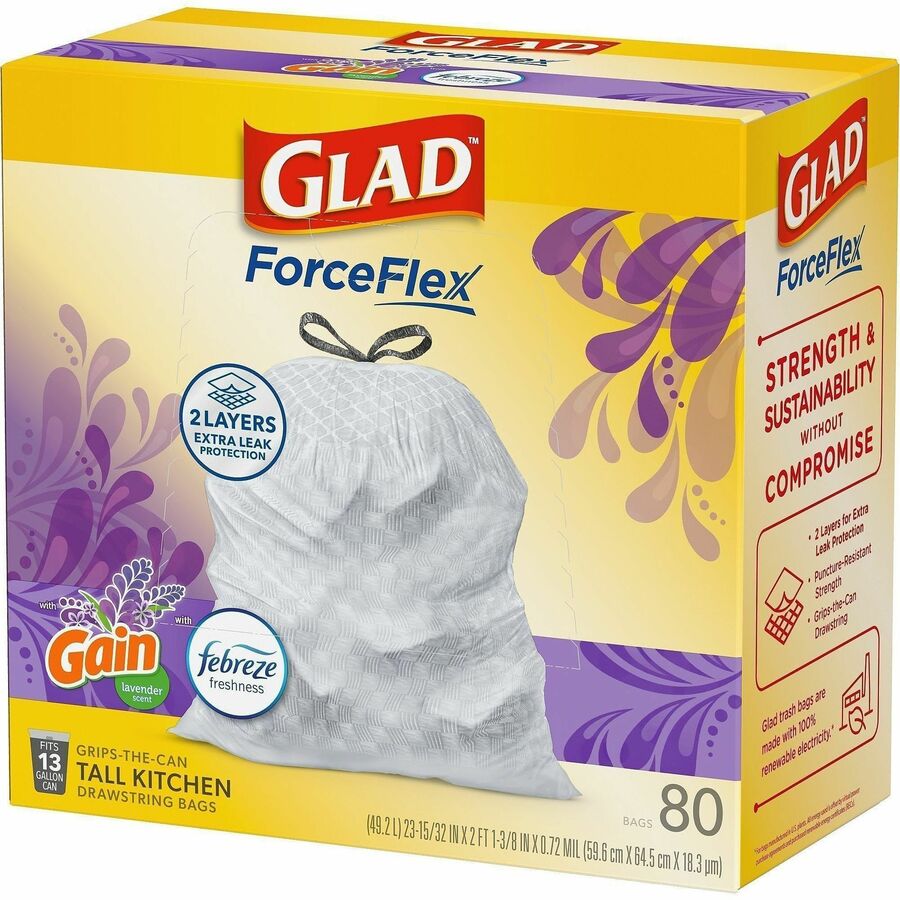 Glad ForceFlex Tall Kitchen Drawstring Trash Bags, Gain Lavender with Febreze Freshness, 13 gal Capacity, 0.78 mil, 80/Box (CLO78902BX)