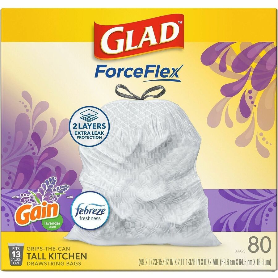 Glad ForceFlex Tall Kitchen Drawstring Trash Bags, Gain Lavender with Febreze Freshness, 13 gal Capacity, 0.78 mil, 80/Box (CLO78902BX)