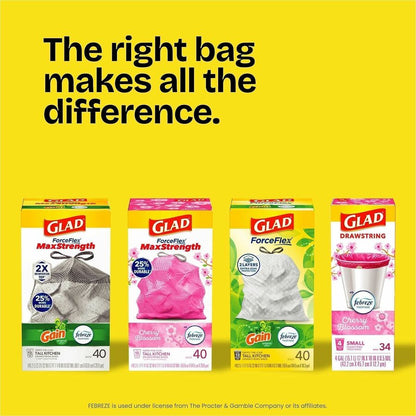 Glad ForceFlex Tall Kitchen Drawstring Trash Bags, Gain Lavender with Febreze Freshness, 13 gal Capacity, 0.78 mil, 80/Box (CLO78902BX)