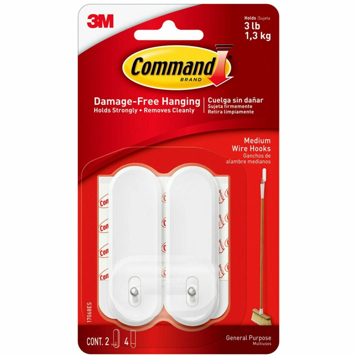 Command Medium Wire Hook, 3 lb (1.36 kg) Capacity, White, Plastic, 2/Pack (MMM17068ES)