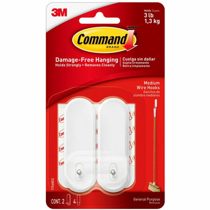 Command Medium Wire Hook, 3 lb (1.36 kg) Capacity, White, Plastic, 2/Pack (MMM17068ES)