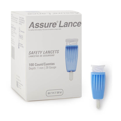 Assure® Safety Lancet 28 Gauge Protective Safety Cap Push Button Activation Finger (689752_CS)