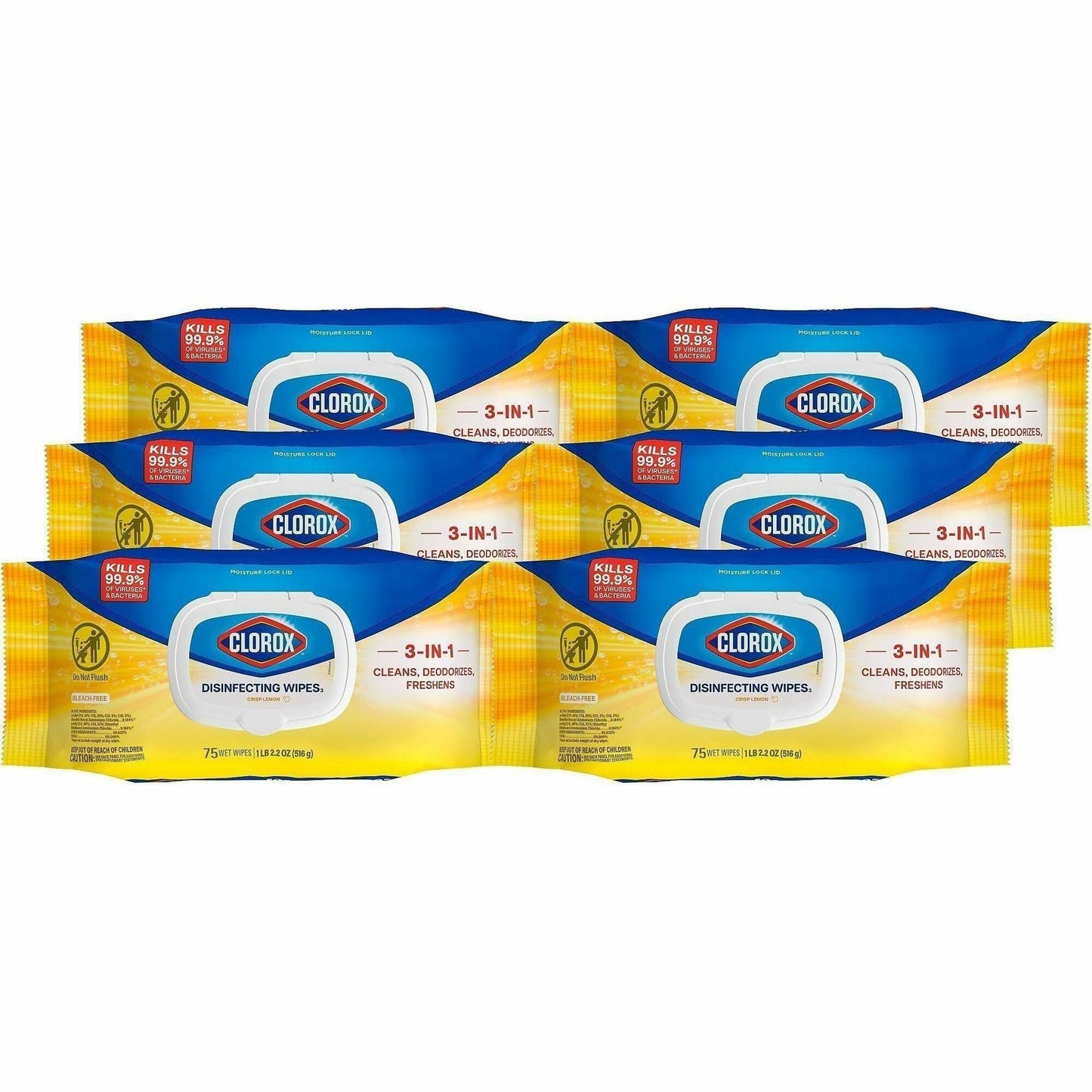 Clorox Disinfecting Cleaning Wipes Flex Pack, Crisp Lemon Scent, 75/Pack, 6 Pack/Carton, 100 Carton/Pallet (CLO31404PL)