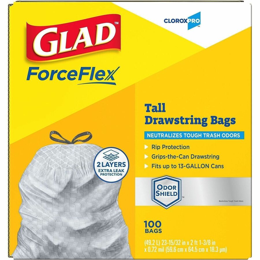 CloroxPro™ Glad ForceFlex Tall Kitchen Drawstring Trash Bags, 13 gal, 100/Box, 78/Bundle (CLO70427BD)