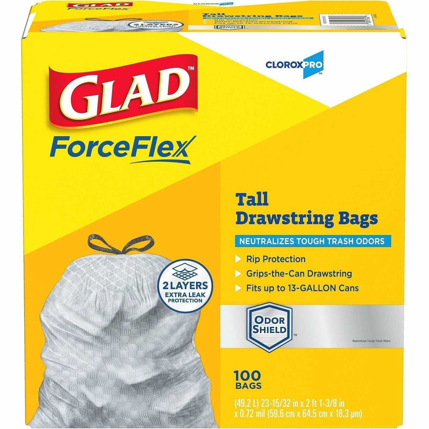 CloroxPro™ Glad ForceFlex Tall Kitchen Drawstring Trash Bags, 13 gal, 100/Box, 156/Pallet (CLO70427PL)
