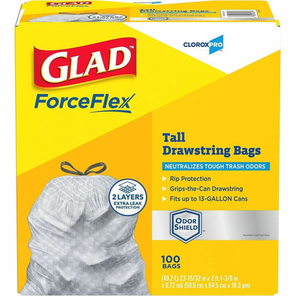 CloroxPro™ Glad ForceFlex Tall Kitchen Drawstring Trash Bags, 13 gal, 100/Box, 156/Pallet (CLO70427PL)