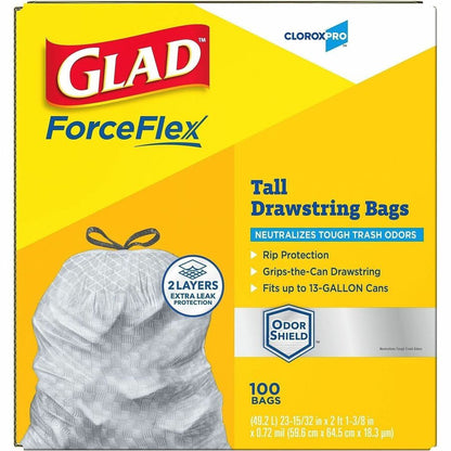 CloroxPro™ Glad ForceFlex Tall Kitchen Drawstring Trash Bags, 13 gal, 100/Box, 156/Pallet (CLO70427PL)