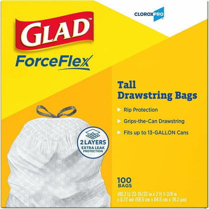 Glad ForceFlex Tall Kitchen Drawstring Trash Bags, 13 gal, 100/Box, Box/Carton, 18 Carton/Bundle (CLO78526BD)