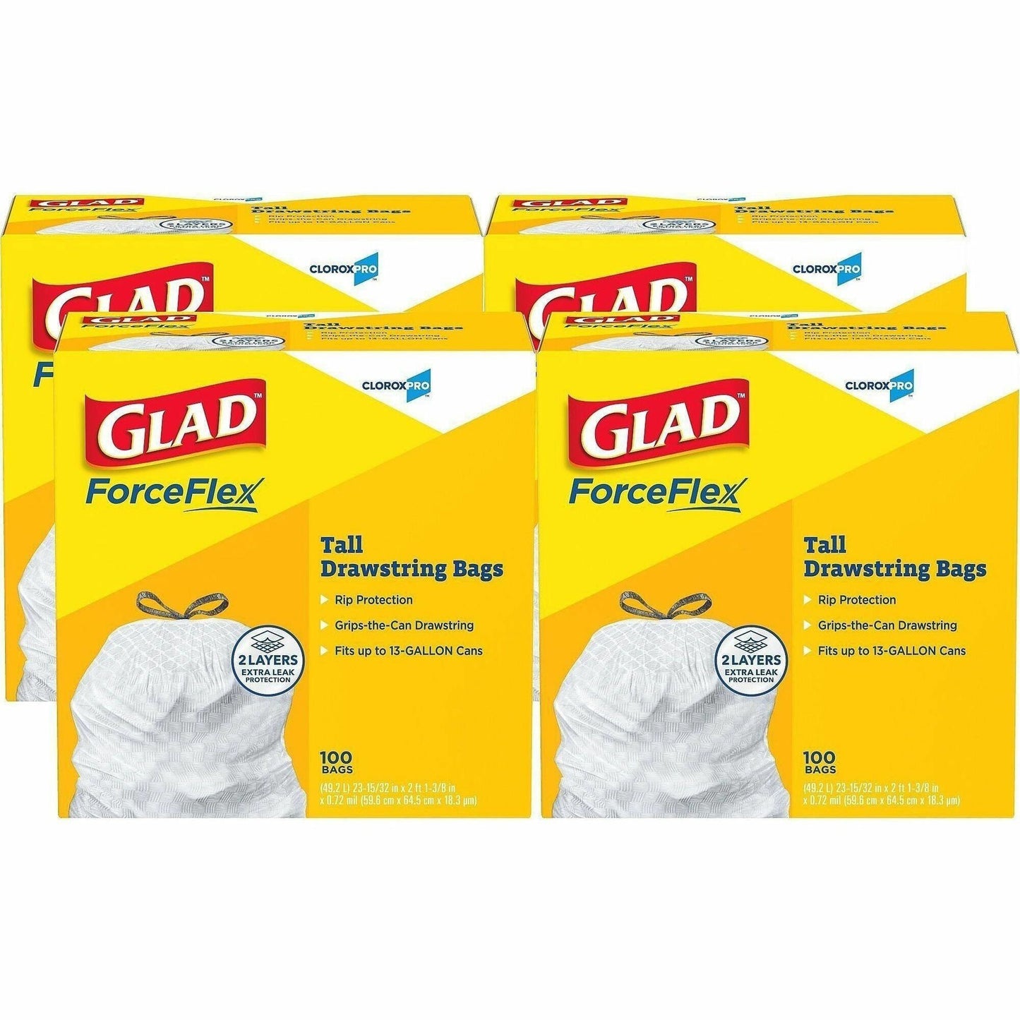 Glad ForceFlex Tall Kitchen Drawstring Trash Bags, 13 gal, 100/Box, Box/Carton, 36/Pallet (CLO78526PL)
