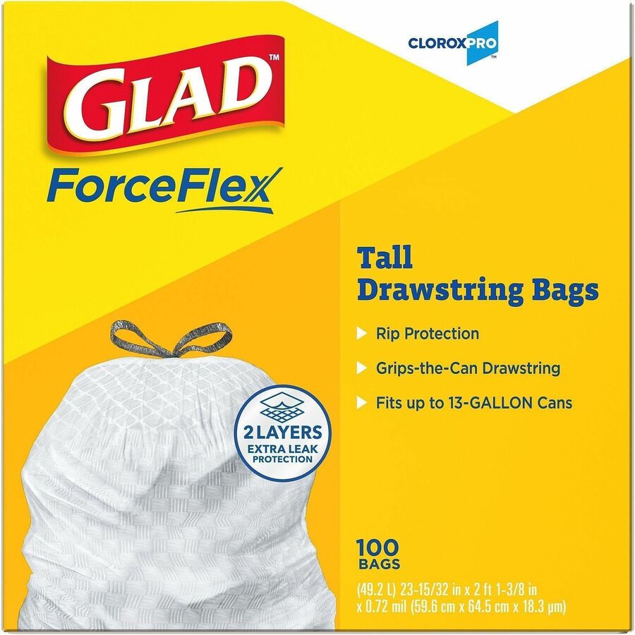 Glad ForceFlex Tall Kitchen Drawstring Trash Bags, 13 gal, 100/Box, Box/Carton, 36/Pallet (CLO78526PL)