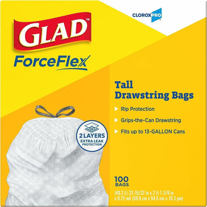 Glad ForceFlex Tall Kitchen Drawstring Trash Bags, 13 gal, 100/Box, Box/Carton, 36/Pallet (CLO78526PL)
