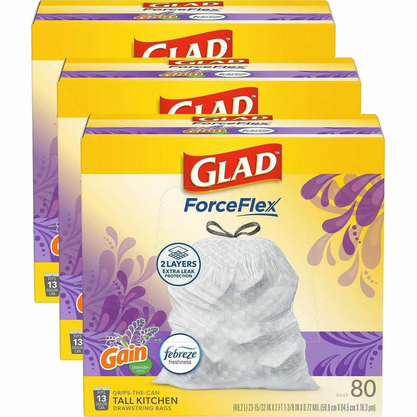 Glad ForceFlex Tall 13 gal Kitchen Drawstring Trash Bags, Gain Lavender w/Febreze Freshness, 80/Box, 120/Bundle (CLO78902BD)