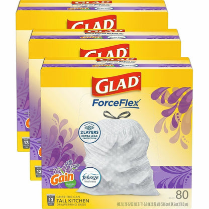Glad ForceFlex Tall 13 gal Kitchen Drawstring Trash Bags, Gain Lavender w/Febreze Freshness, 80/Box, 120/Bundle (CLO78902BD)