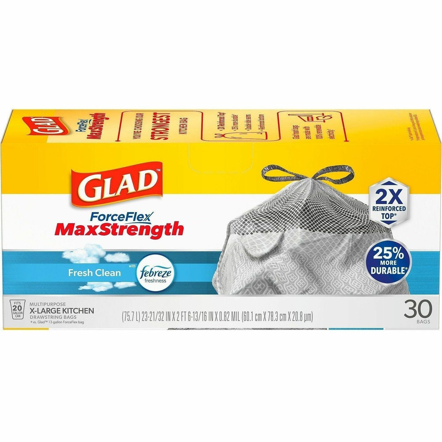 Glad ForceFlex MaxStrength X-Large 20 gal Kitchen Drawstring Trash Bags, 30/Box, 180 Boxes/Bundle (CLO78913BD)