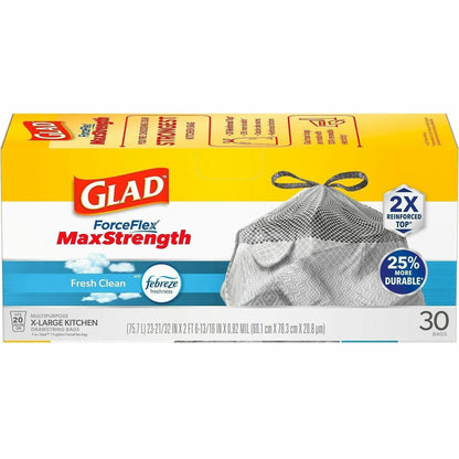 Glad ForceFlex MaxStrength X-Large Kitchen Drawstring Trash Bags, 20 gal, 30/Box, 6/Carton (CLO78913CT)