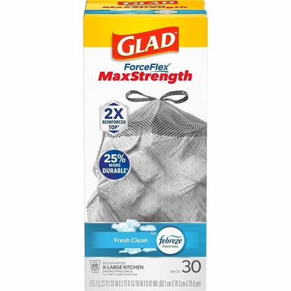 Glad ForceFlex MaxStrength X-Large 20 Gallon Kitchen Drawstring Trash Bags, 30/Box, 6 Box/Carton, 60/Pallet (CLO78913PL)