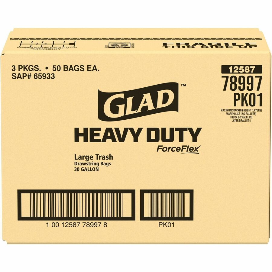 Glad ForceFlex Heavy-Duty 30 Gallon Large Drawstring Trash Bags, 50/Box, 3 Box/Carton, 52 Carton/Pallet (CLO78997PL)