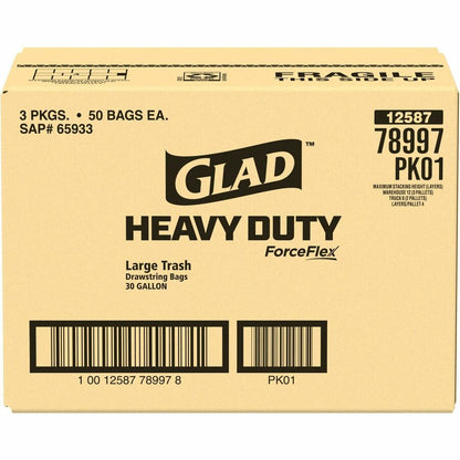 Glad ForceFlex Heavy-Duty 30 Gallon Large Drawstring Trash Bags, 50/Box, 3 Box/Carton, 52 Carton/Pallet (CLO78997PL)