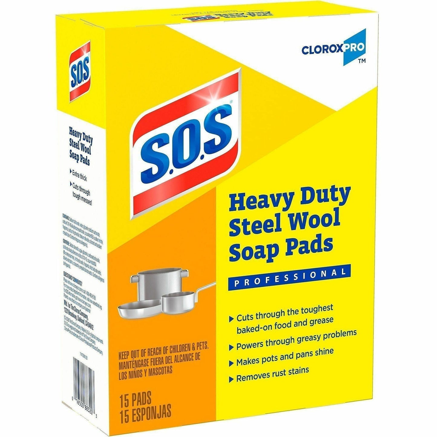 CloroxPro™ S.O.S Steel Wool Soap Pads, 15/Box, 12 Box/Carton, 20 Cartons/Bundle (CLO88320BD)
