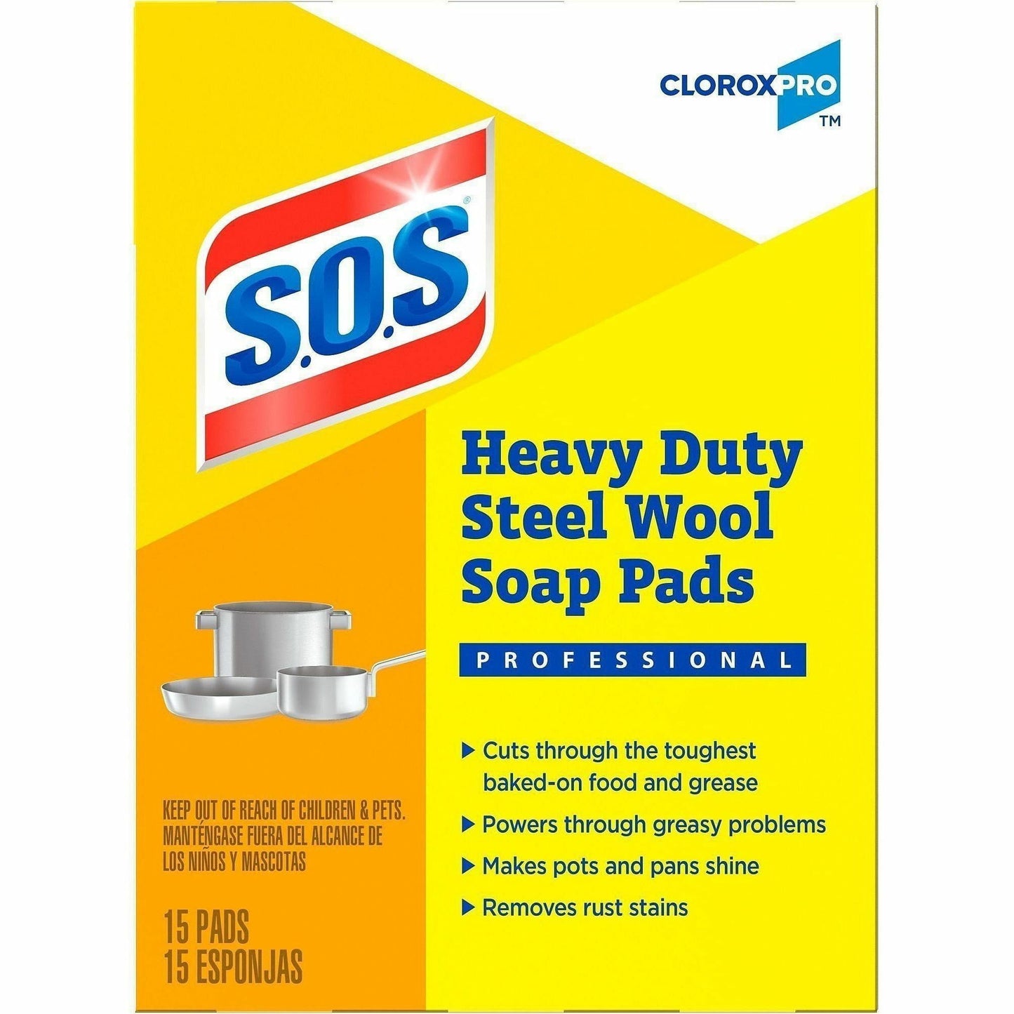 CloroxPro™ S.O.S Steel Wool Soap Pads, 4" x 5", Blue, 15/Box, 12/Carton, 40 Carton/Pallet (CLO88320PL)