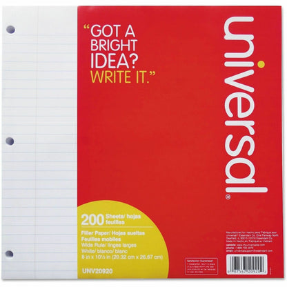 Universal Filler Paper, 3-Hole, 8 x 10.5, Wide/Legal Rule, 200/Pack (UNV20920)