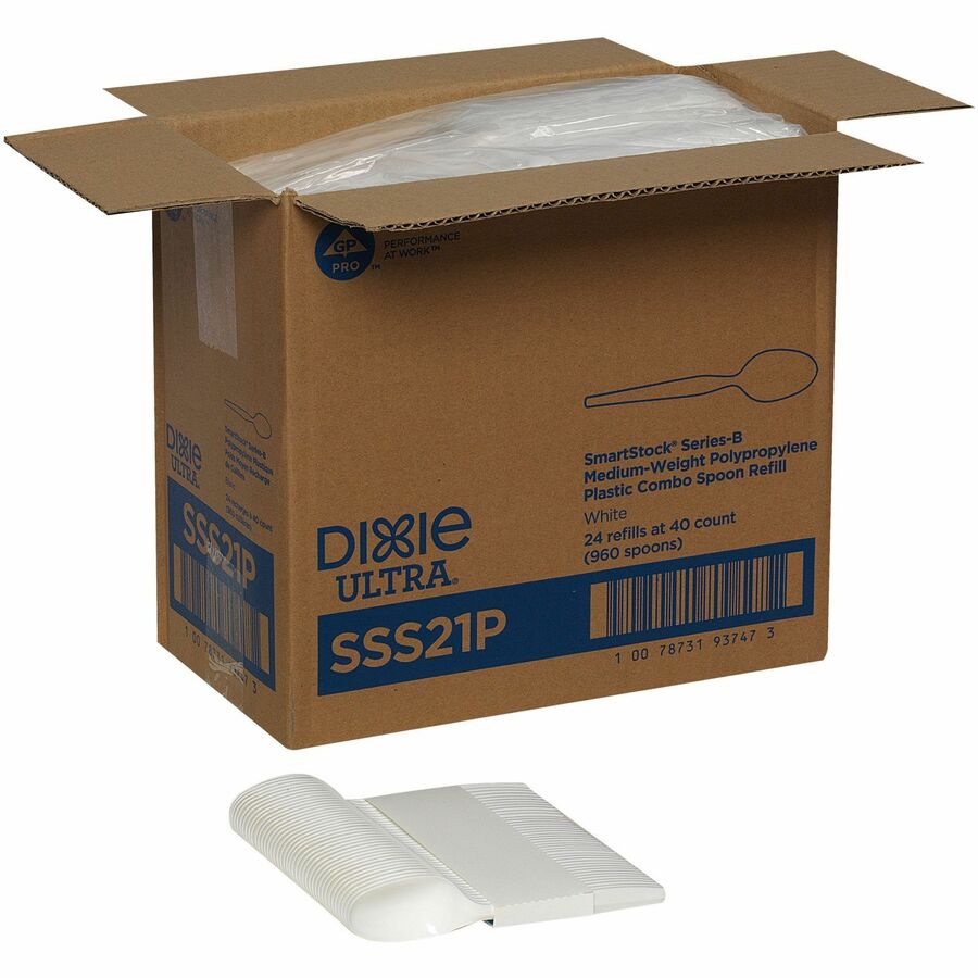 Dixie® SmartStock Plastic Cutlery Refill, Teaspoon, 5.5", Series-B Mediumweight, White, 40/Pack, 24 Packs/Carton (DXESSS21P)