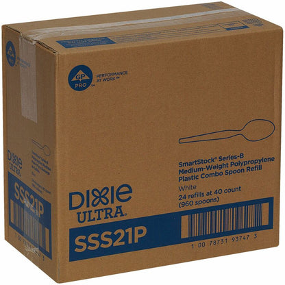 Dixie® SmartStock Plastic Cutlery Refill, Teaspoon, 5.5", Series-B Mediumweight, White, 40/Pack, 24 Packs/Carton (DXESSS21P)
