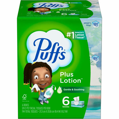 Puffs Plus Lotion Facial Tissue, 2 Ply, 8.20" x 8.40", White, 124/Box, 6/Pack (PGC39383PK)
