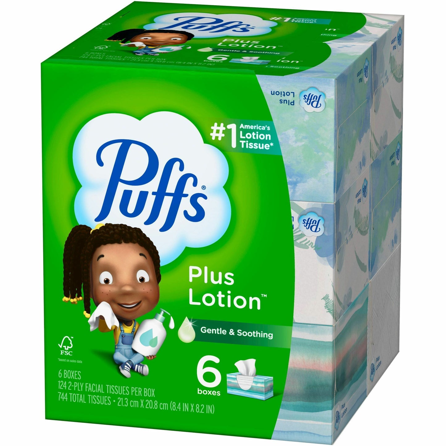 Puffs Plus Lotion Facial Tissue, 2 Ply, 8.20" x 8.40", White, 124/Box, 6/Pack (PGC39383PK)
