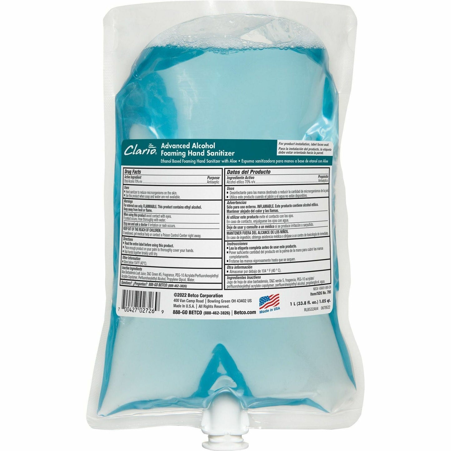 Betco Clario Hand Sanitizer Foam Refill, Citrus Scent, 1.06 quart (BET7952900)