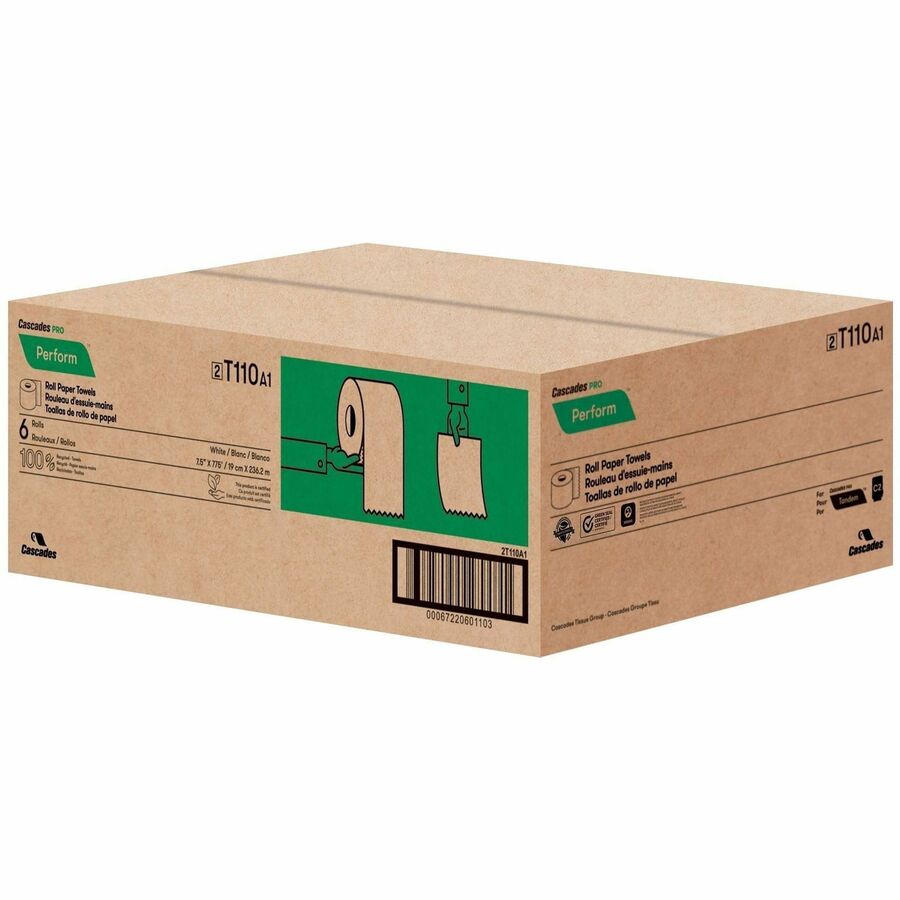 Cascades PRO Roll Towels for Tandem, 775', 1 Ply, 7.50" x 775', White, Fiber Paper, 6/Carton (CSDT110)