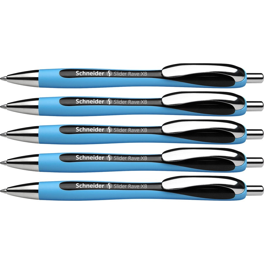 Schneider Slider Rave XB Ballpoint Pen, Retractable, Black Ink, Black Rubberized, Light Blue Barrel, 5/Pack (RED132501PK)