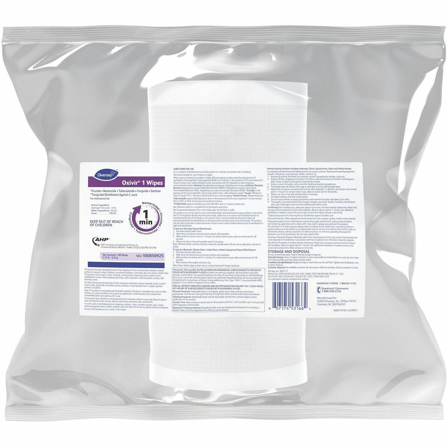 Diversey One-Step Ready-to-Use Hospital Disinfectant Cleaner Wipe Refill, Cherry Almond Scent, 160/Pack (DVO100850925EA)