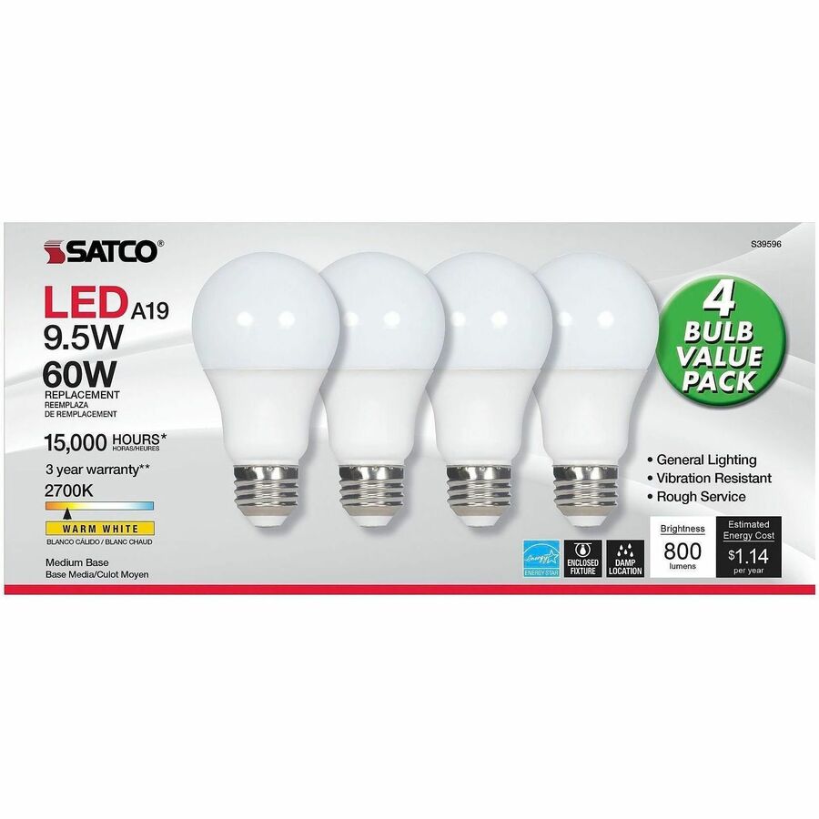 Satco LED Light Bulb, 9.50 W, 60 W Incandescent Equivalent Wattage, 12/Pack (SDNS39596)