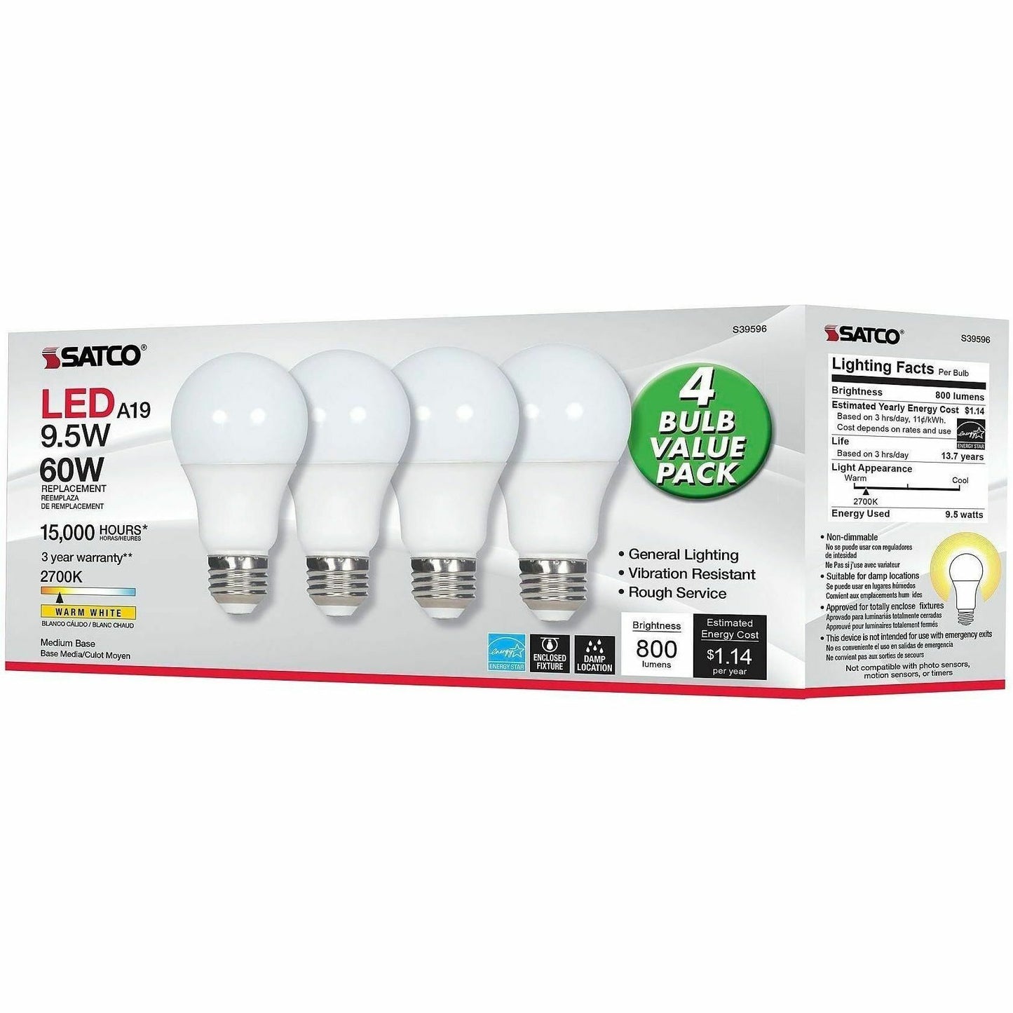 Satco LED Light Bulb, 9.50 W, 60 W Incandescent Equivalent Wattage, 12/Pack (SDNS39596)