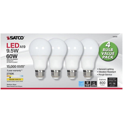 Satco LED Light Bulb, 9.50 W, 60 W Incandescent Equivalent Wattage, 12/Pack (SDNS39596)