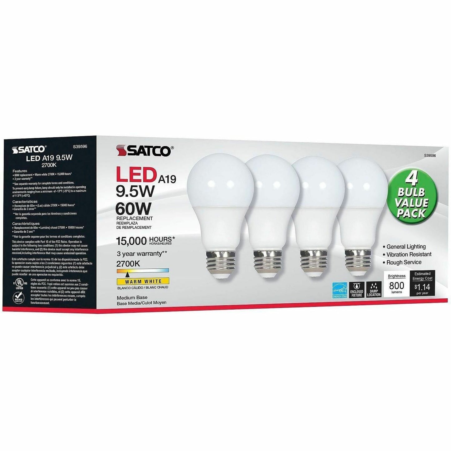 Satco LED Light Bulb, 9.50 W, 60 W Incandescent Equivalent Wattage, 12/Pack (SDNS39596)